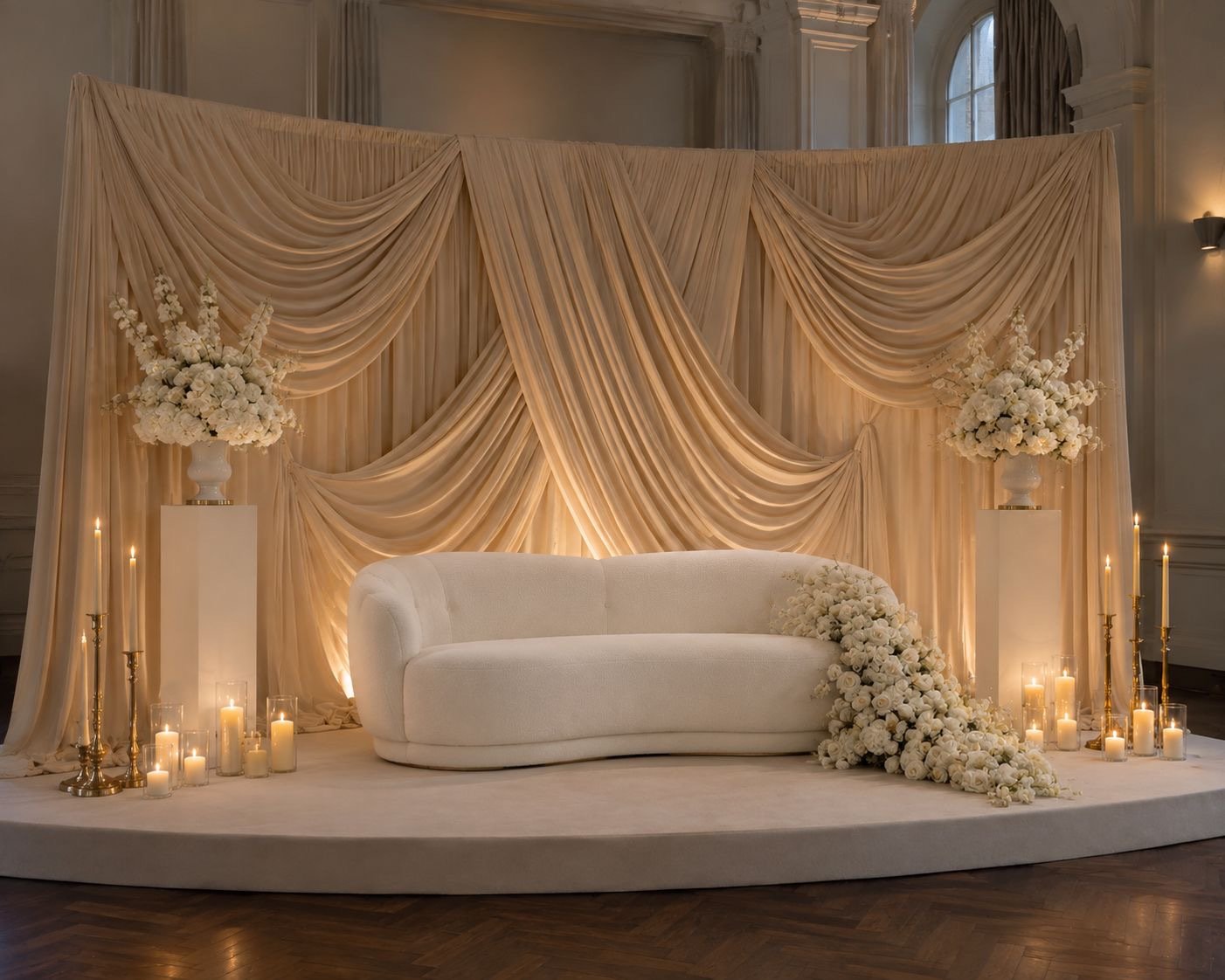 Bruiloft stage met champagnekleurige drapering, witte bloemzuilen en een cascade van rozen langs de bank