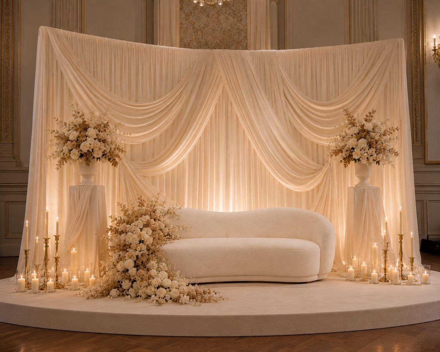Bruiloft stage met crèmekleurige drapering, witte rozen op sokkels, tientallen kaarsen en een ronde bouclé bank