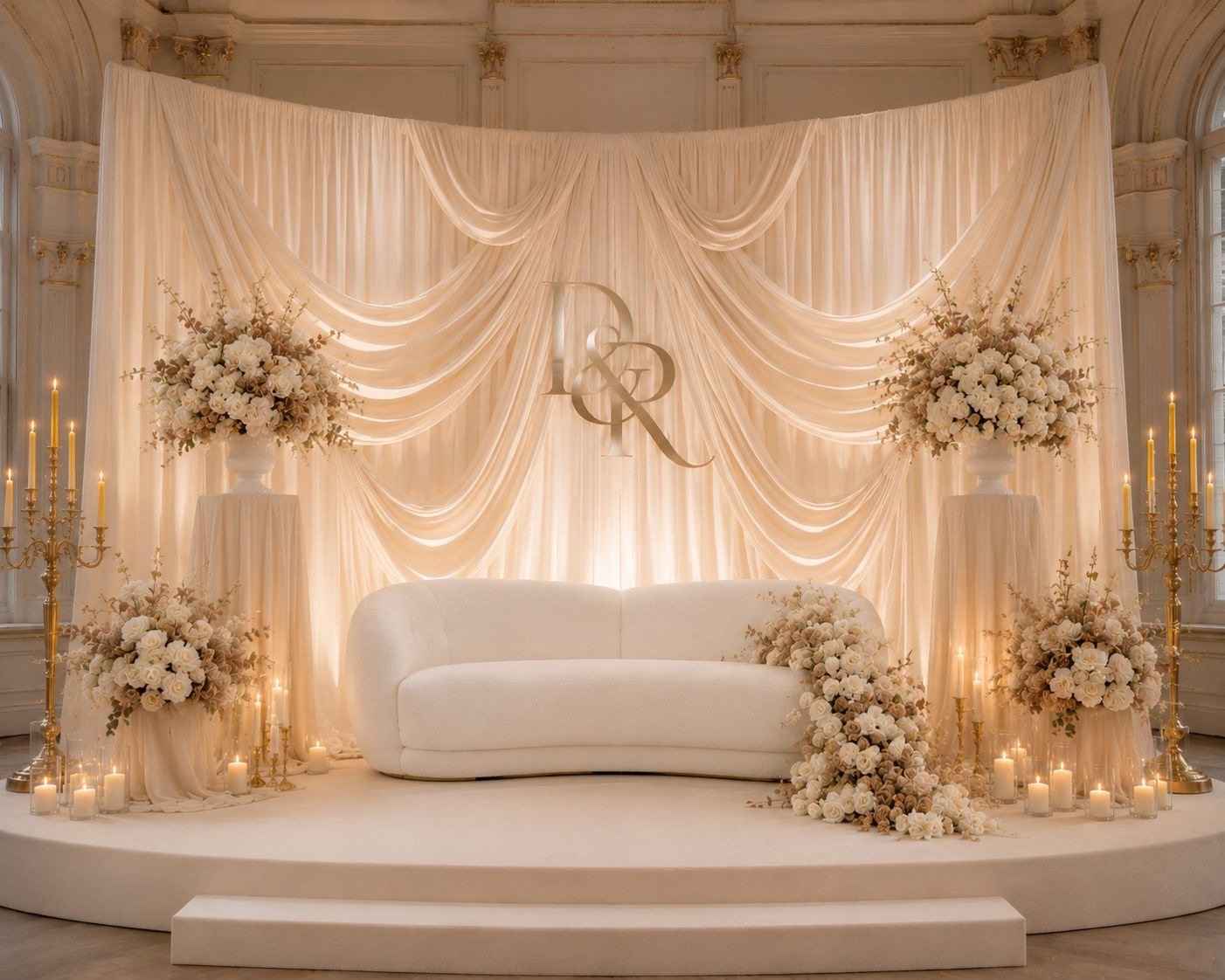 Ivoorkleurige bruiloft stage met verguld monogram, gouden kandelaars en volle witte boeketten
