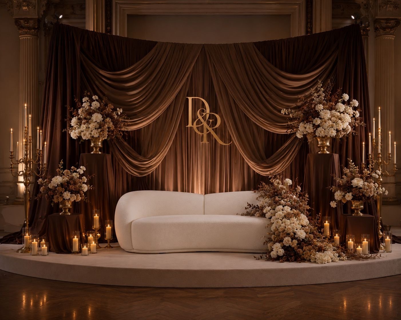 Bruiloft stage met mokkakleurig velours, gouden monogram en herfstboeketten in messing vazen