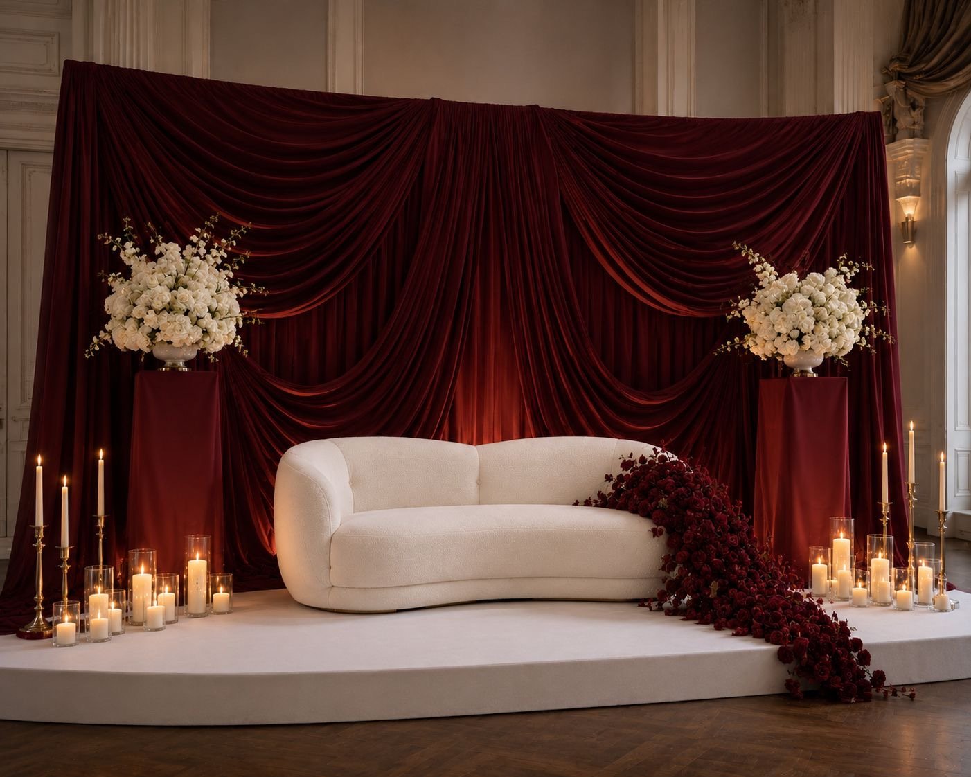 Henna stage met diep bordeaux velours, witte hortensia's op sokkels en een cascade van donkerrode rozen