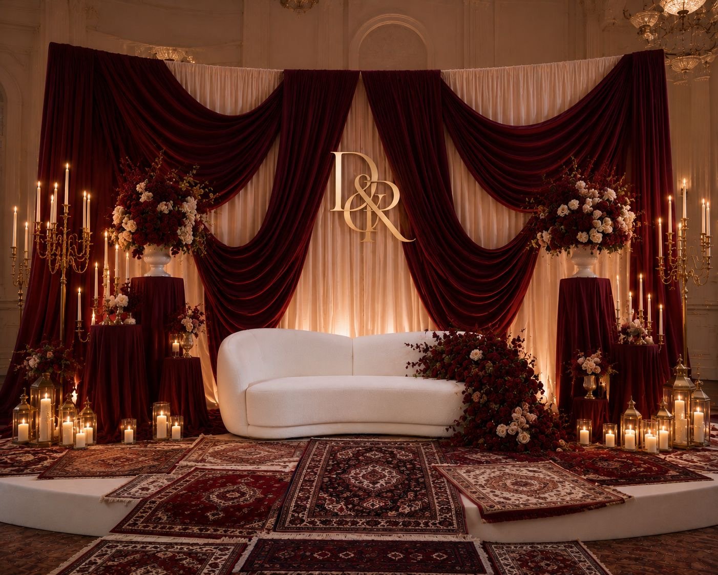 Henna stage met bordeaux en crème drapering, gouden monogram en Perzische tapijten over de vloer