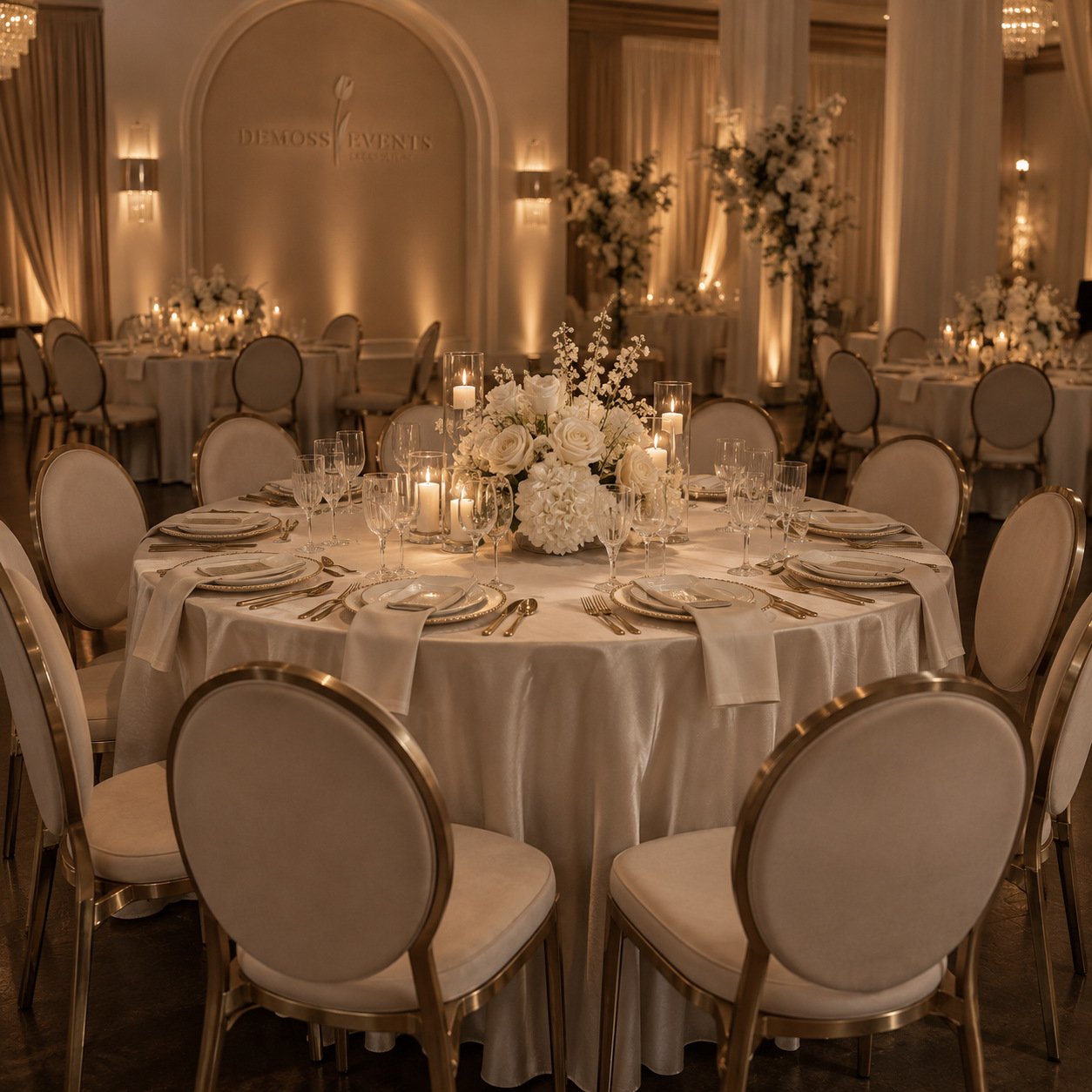 Gedekte ronde bruiloftstafel met gouden stoelen, kristallen glazen en een centraal boeket van witte rozen en hortensia's